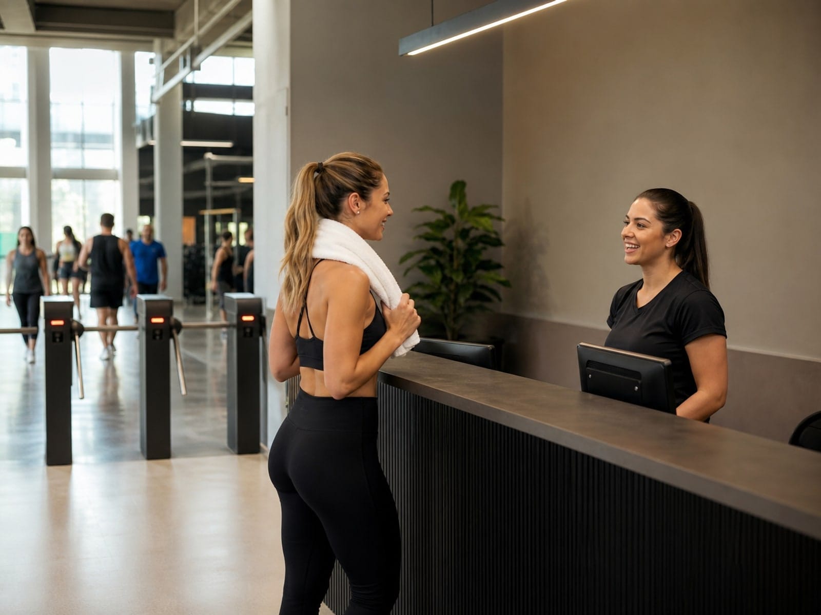 Recepcionista atendendo aluno na recepção de uma academia
