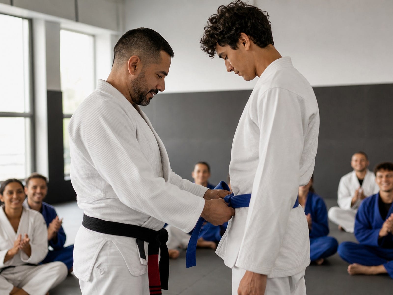 Professor de artes marciais orientando aluno em treino de graduação