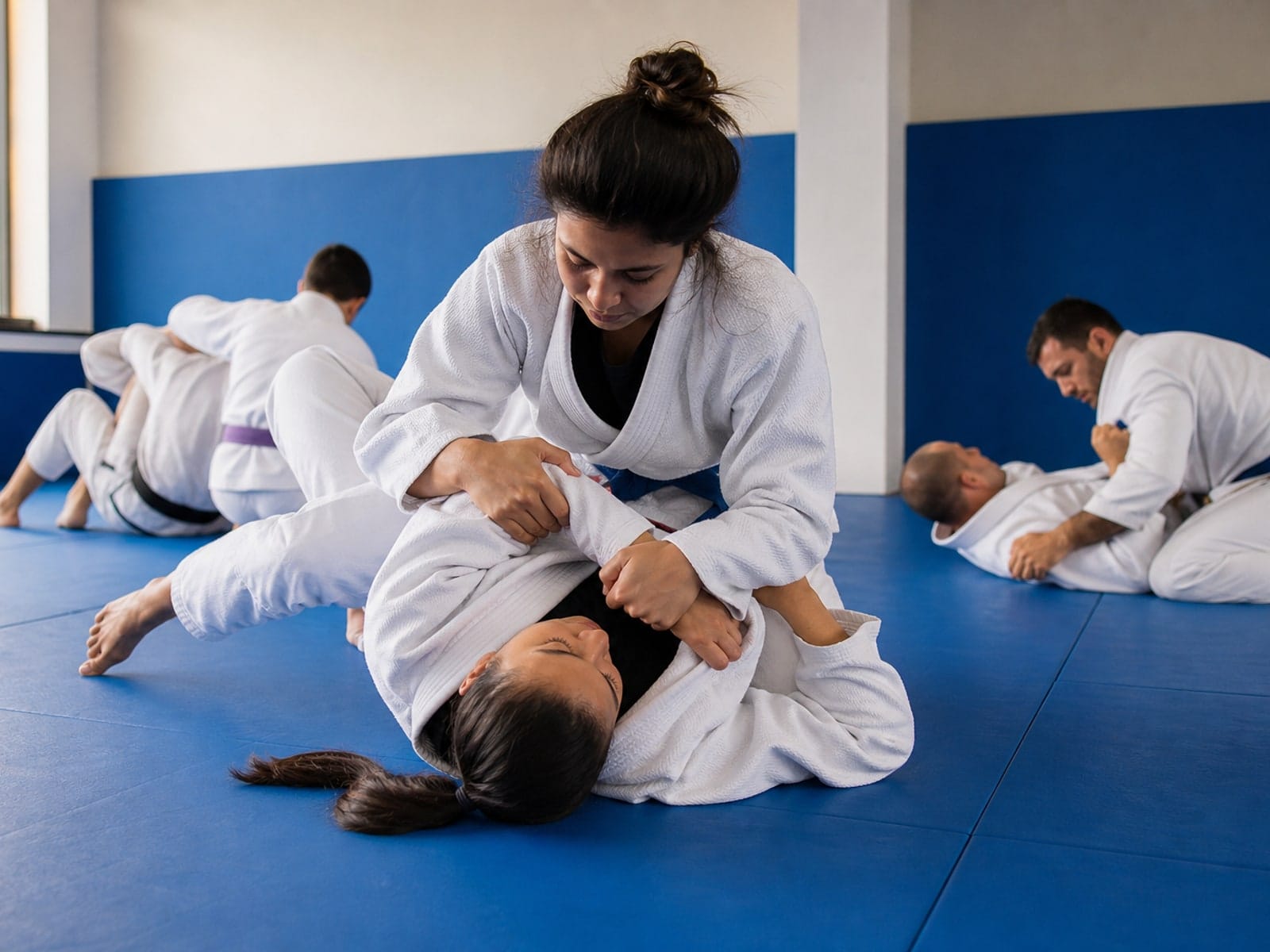 Alunos treinando artes marciais no tatame