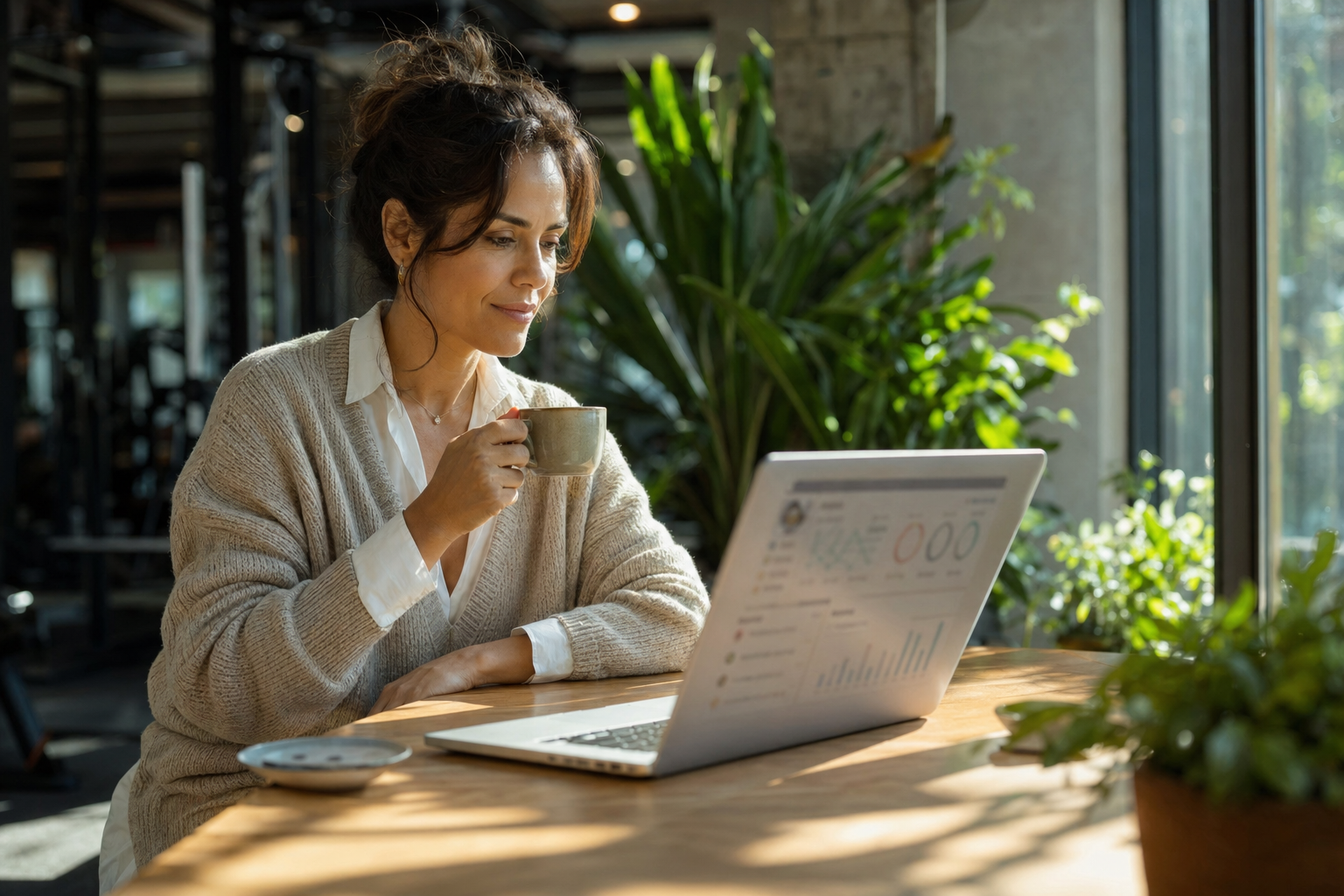 Gestora analisando indicadores de retenção e risco no notebook