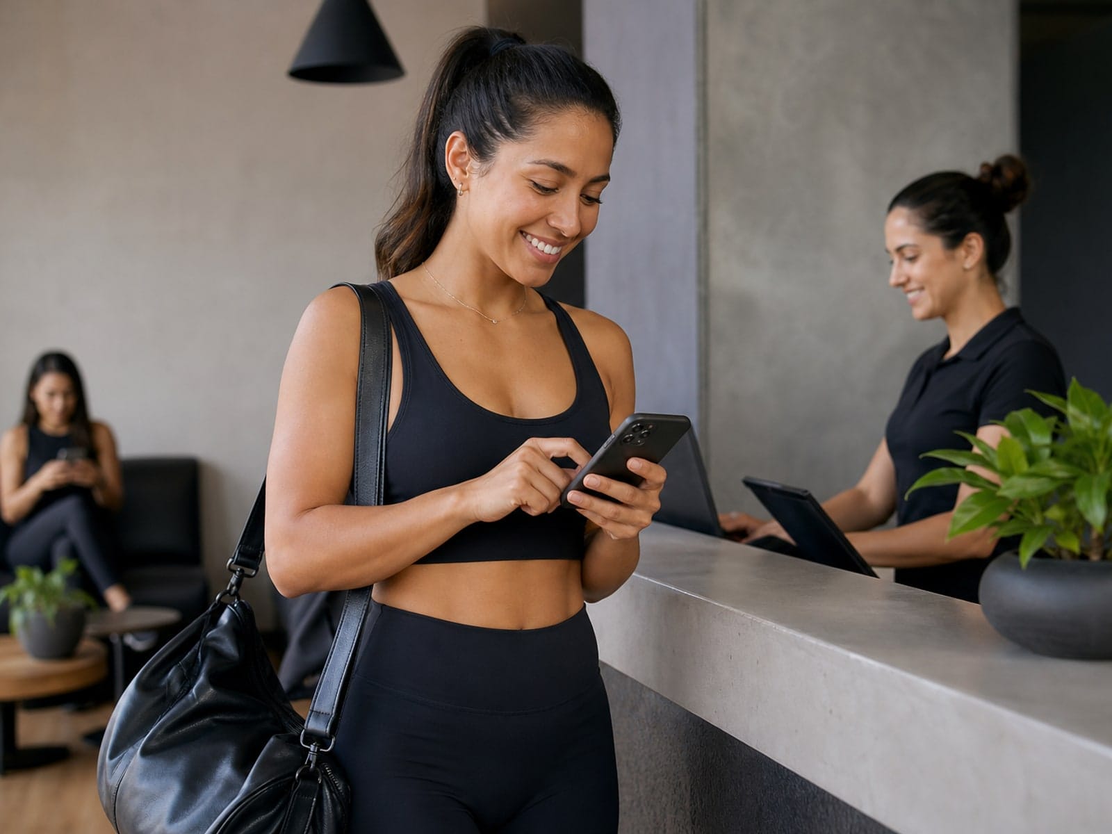 Aluna reservando aula pelo app em estúdio premium