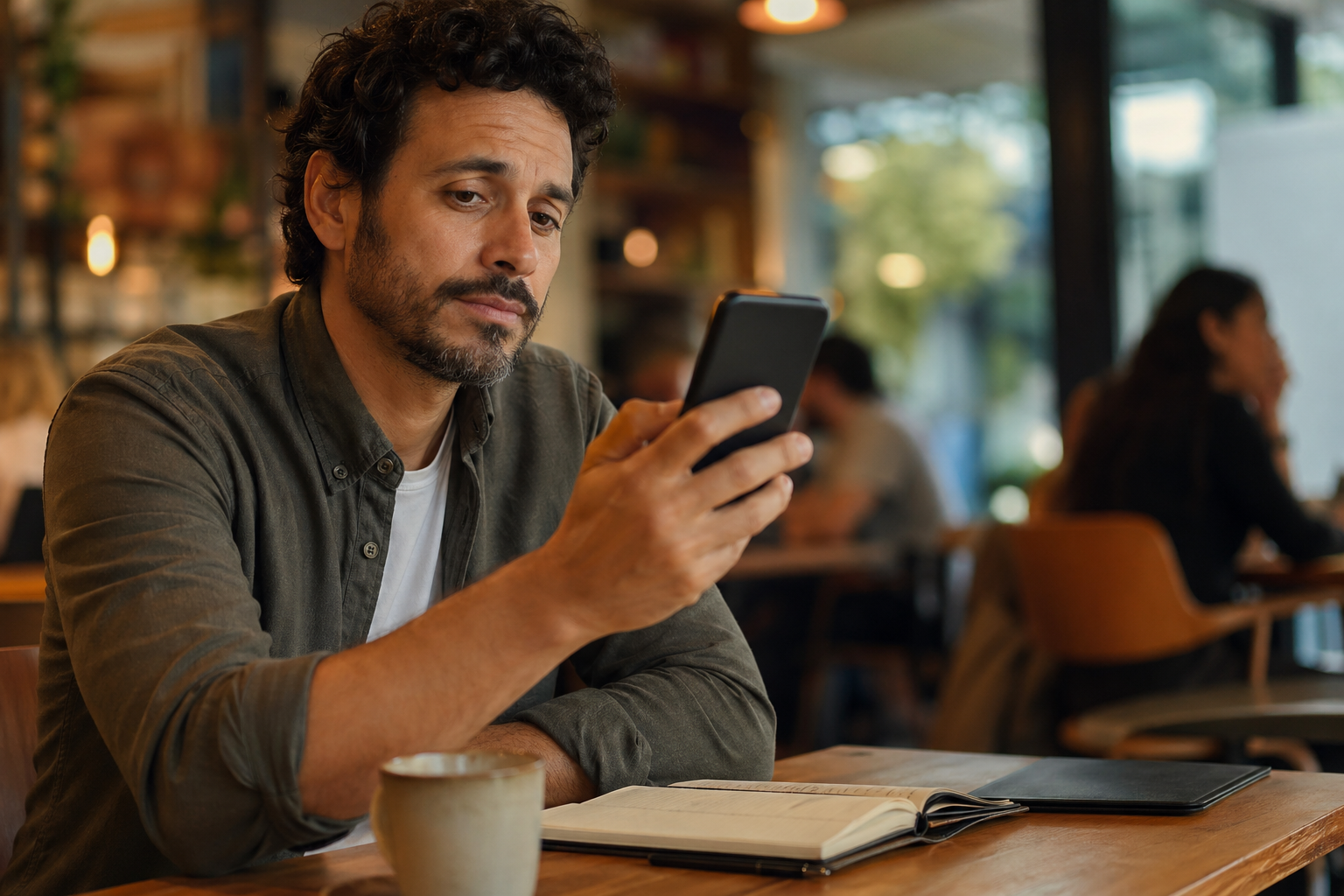Gestor pesquisando dúvidas sobre o Admin Fit no celular em uma cafeteria