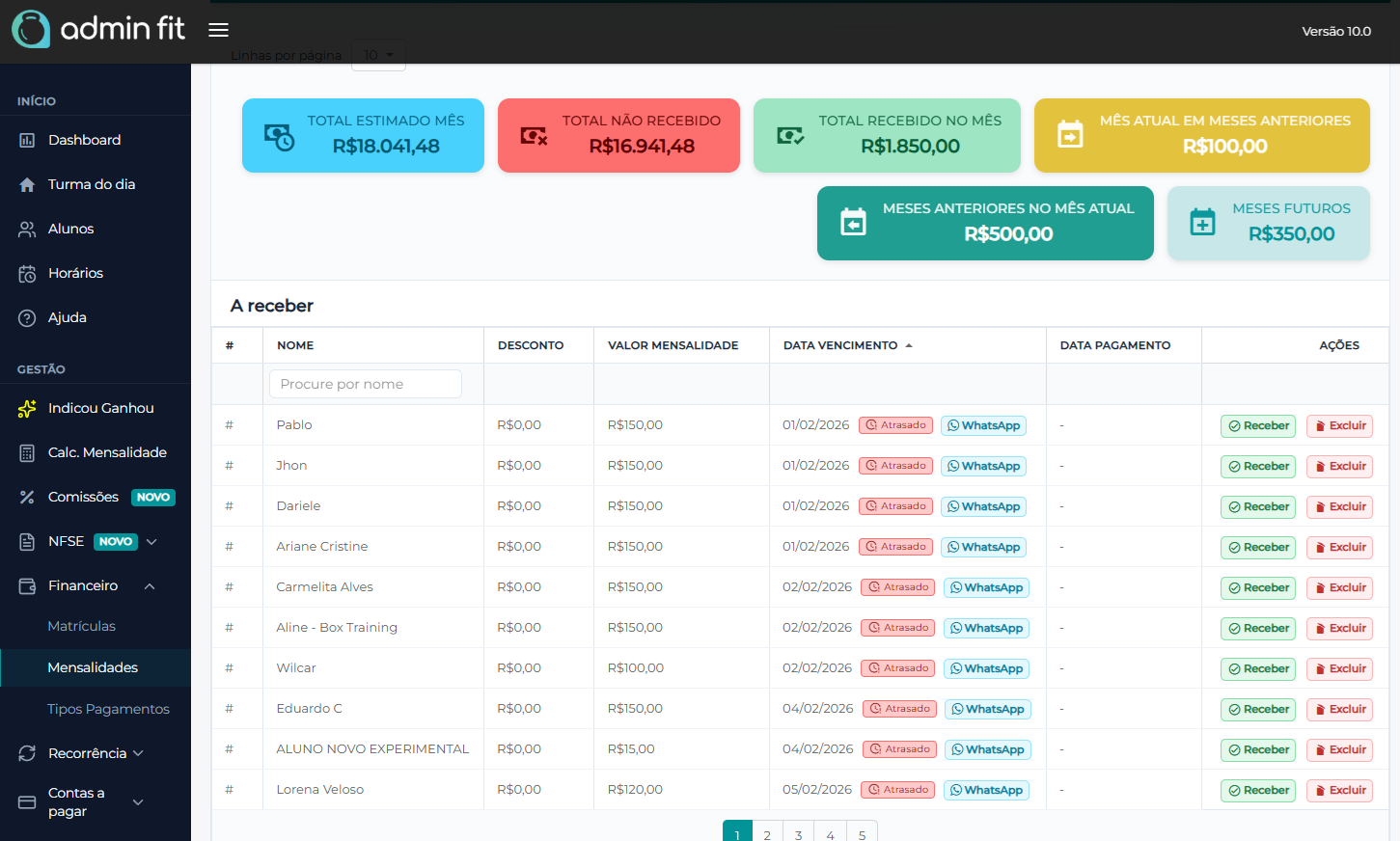 Tela financeira com recebimentos, recorrência e visão de pendências