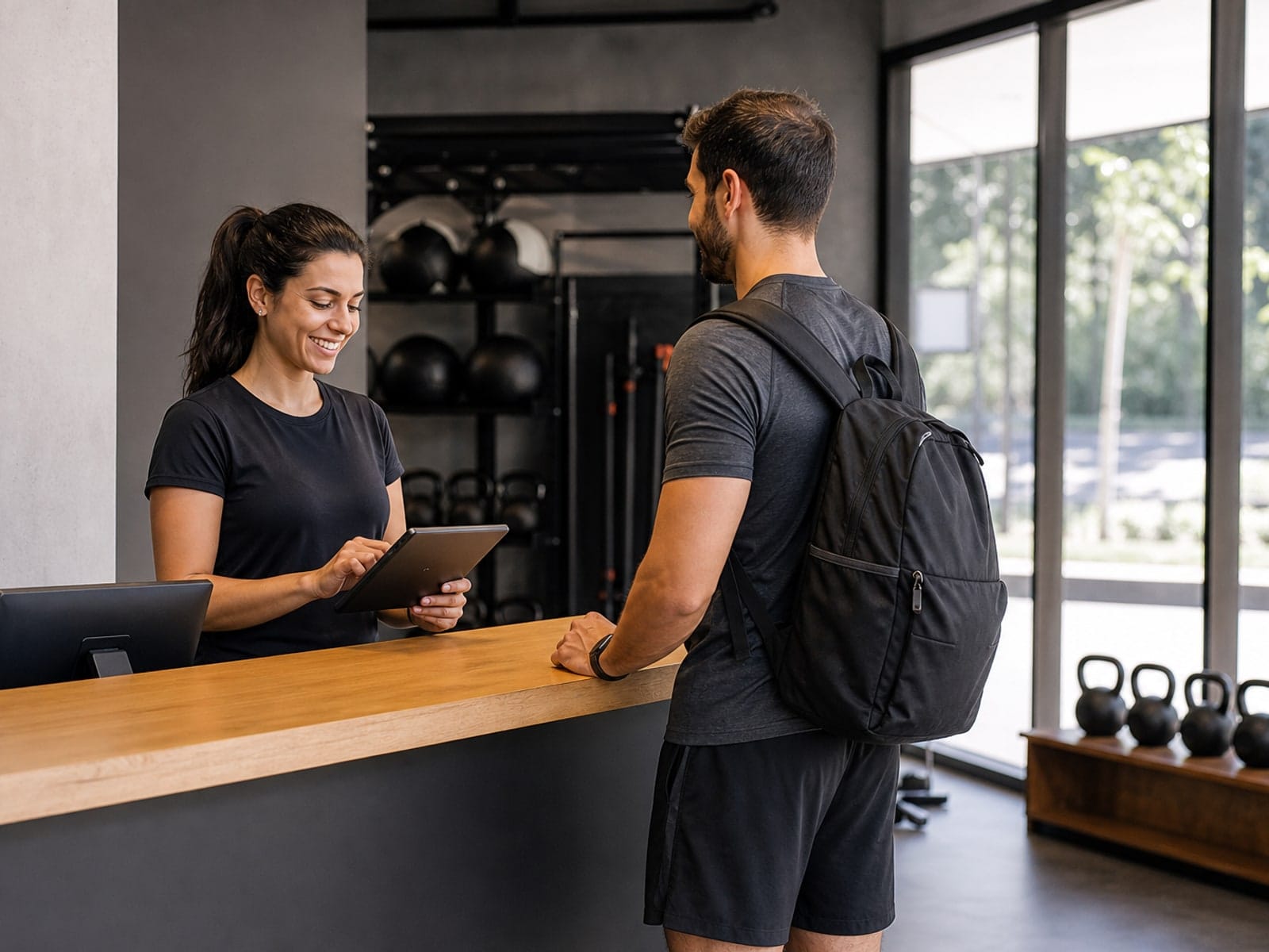 Recepção validando check-in de aluno funcional com pass Gympass ou TotalPass