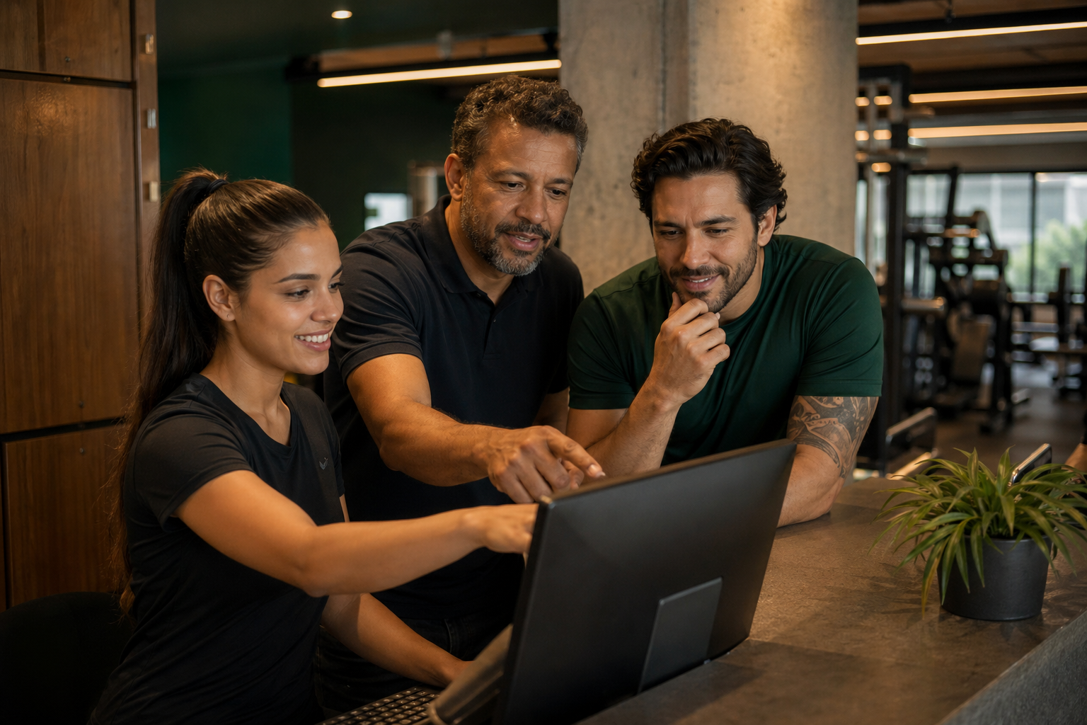 Equipe da academia operando o Admin Fit em conjunto na recepção