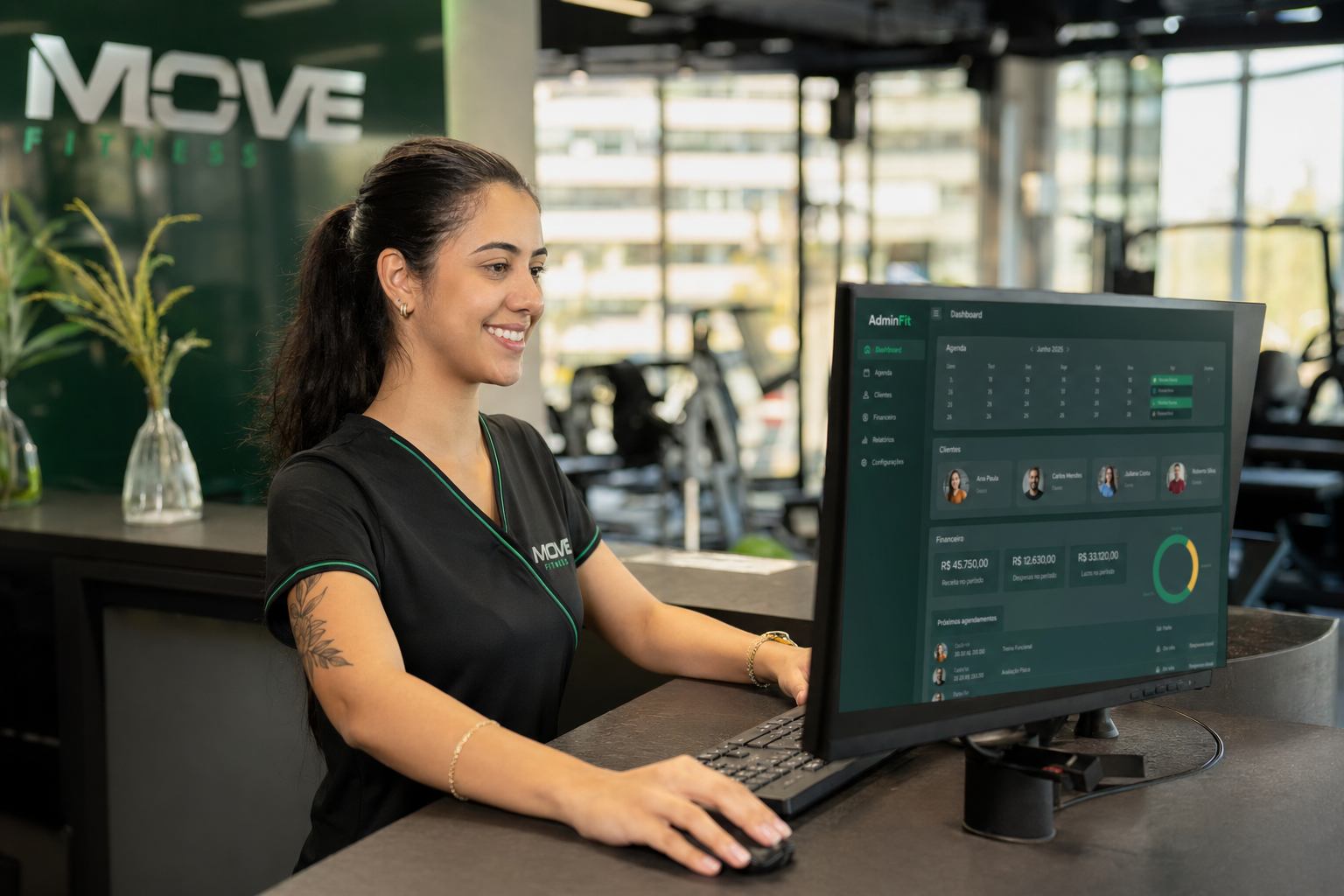 Recepção de academia atendendo aluno usando o Admin Fit