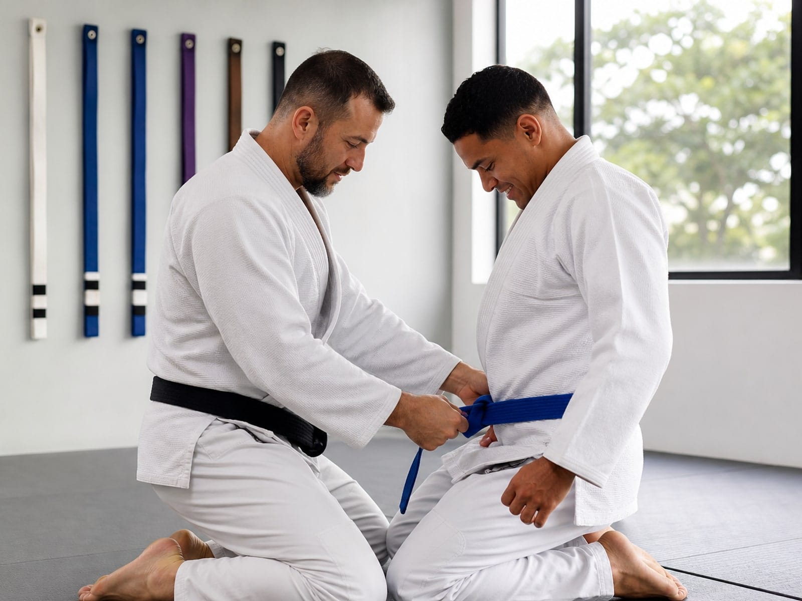 Professor aplicando faixa em aluno de jiu-jitsu no tatame