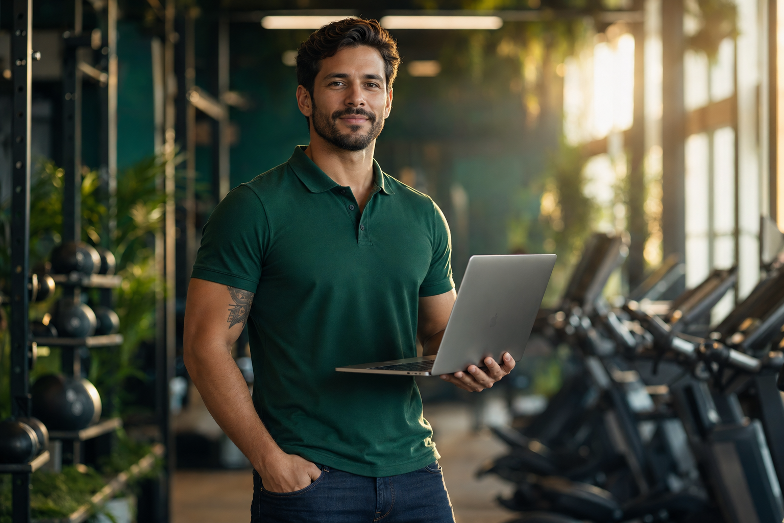 Gestor de academia com notebook conferindo a operação no Admin Fit