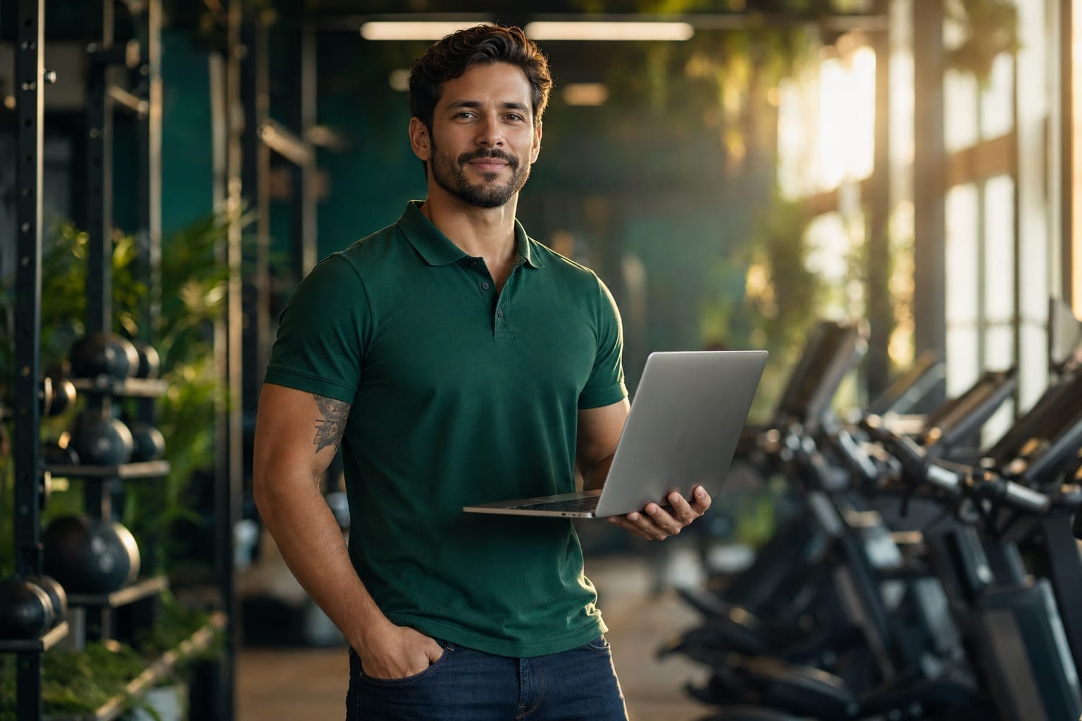 Gestor de academia segurando notebook em ambiente de academia premium