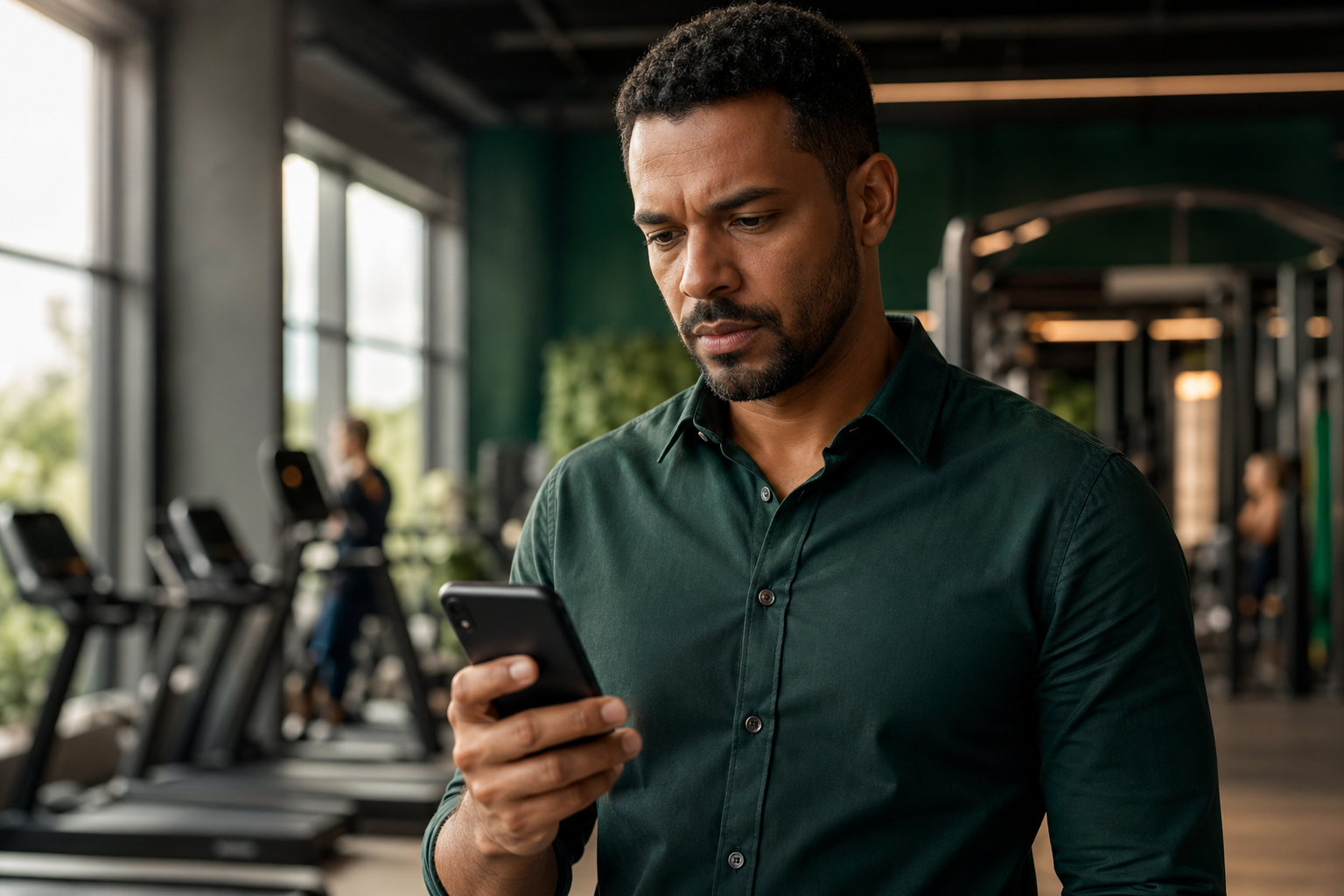 Gestor recebendo alerta do Painel Inteligente no celular dentro da academia