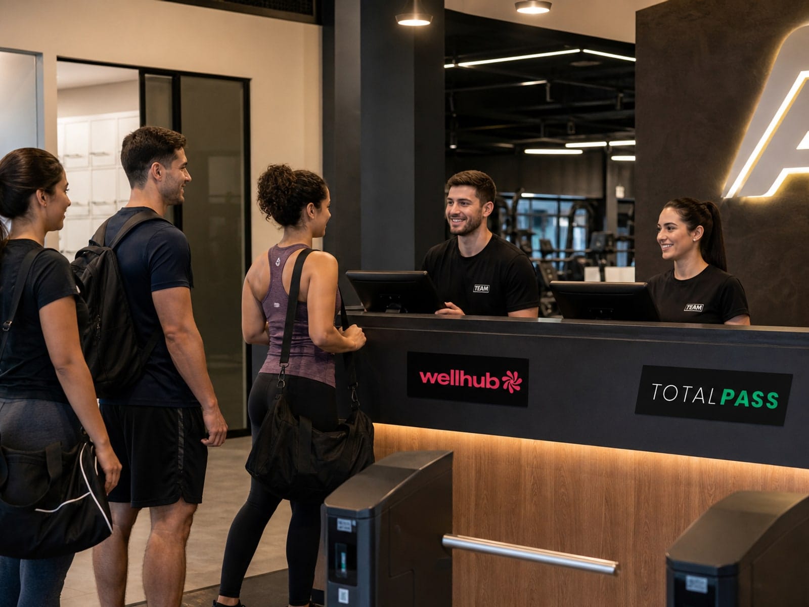 Recepção organizada validando check-in pass Gympass e TotalPass