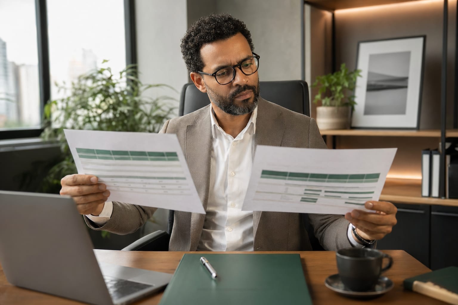 Gestor comparando dois relatórios de planos lado a lado em escritório premium